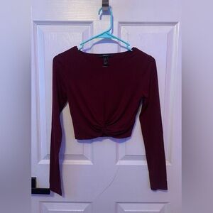 Forever21 Burgundy/Maroon Long Sleeve Twist Front Crop Top; Size: XS